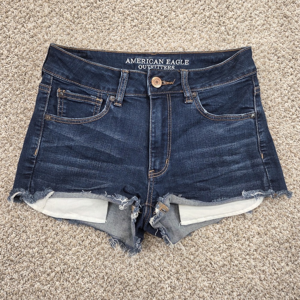 American Eagle Super Stretch‎ Hi-Rise Shortie AEO Denim Shorts Size 6 DARK WASH